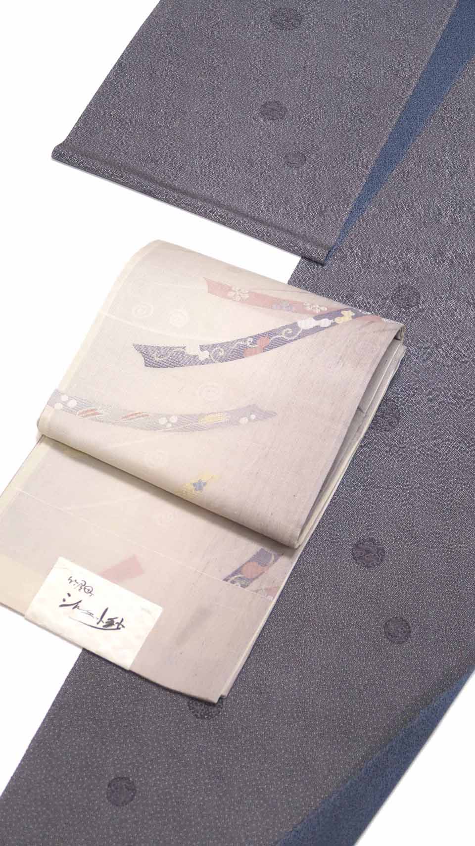 江戸小紋（両面染め：赤紫と青鼠：霰地松竹梅と百福万来）