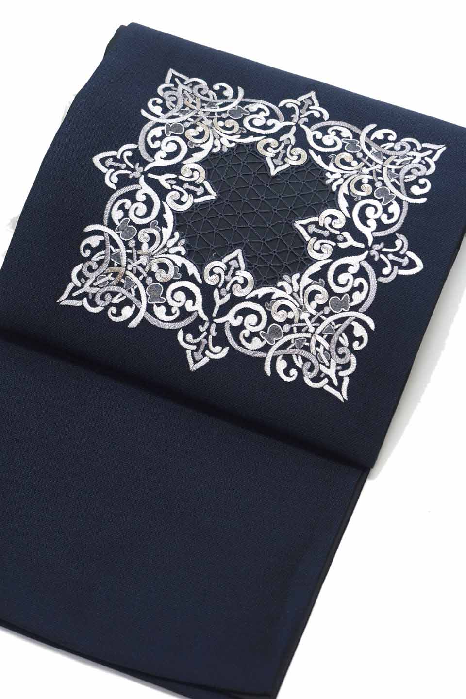 袋帯（汕頭刺繍：濃藍：波斯更紗文様）