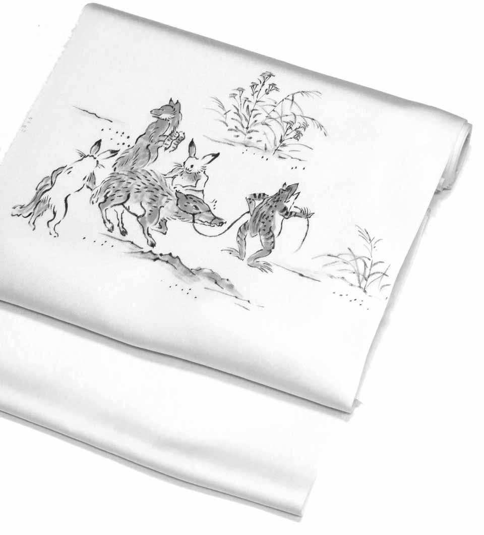 九寸名古屋帯（手描き友禅：白地に墨：鳥獣人物戯画）