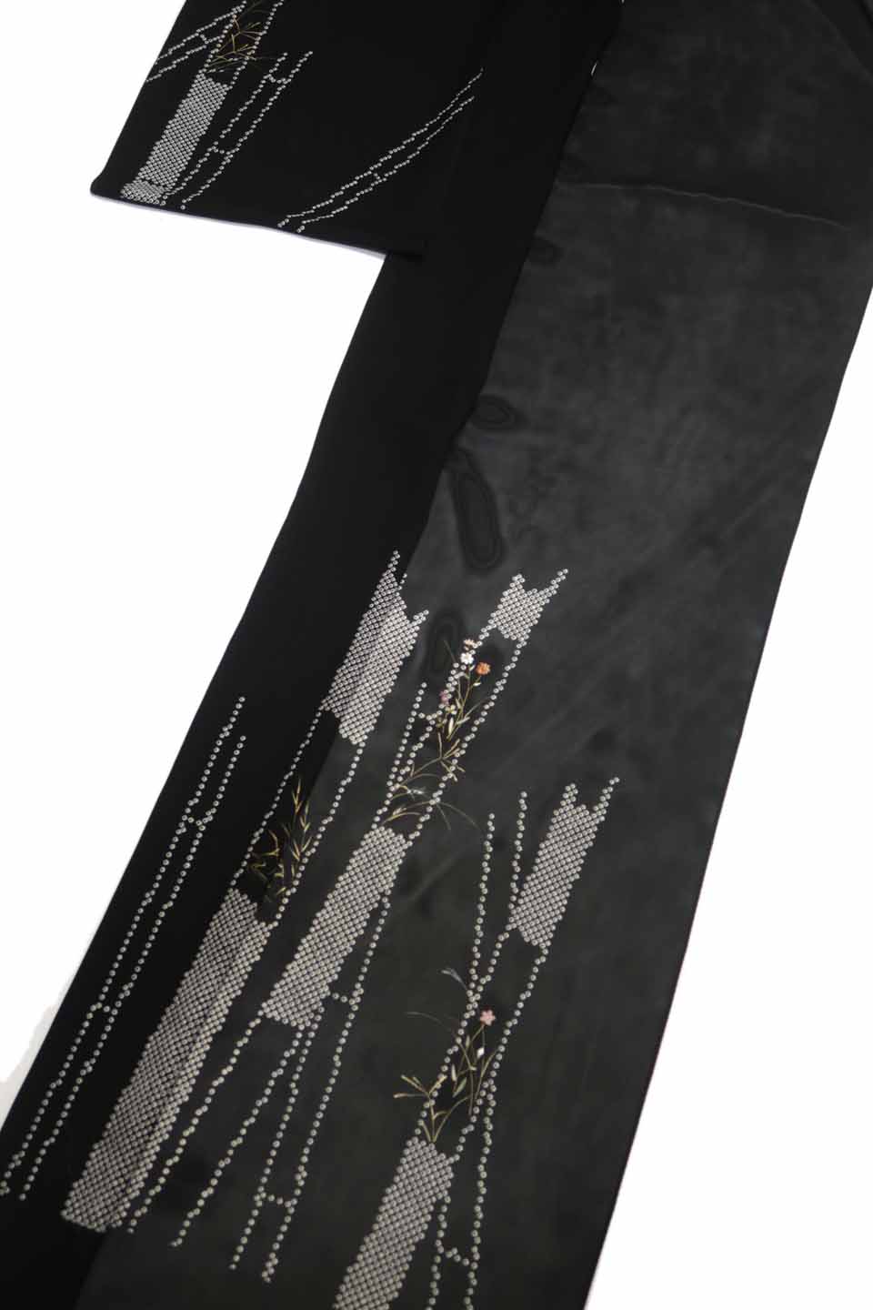 夏絽付下（手描き刺繍友禅：漆黒：秋草鹿子間道）