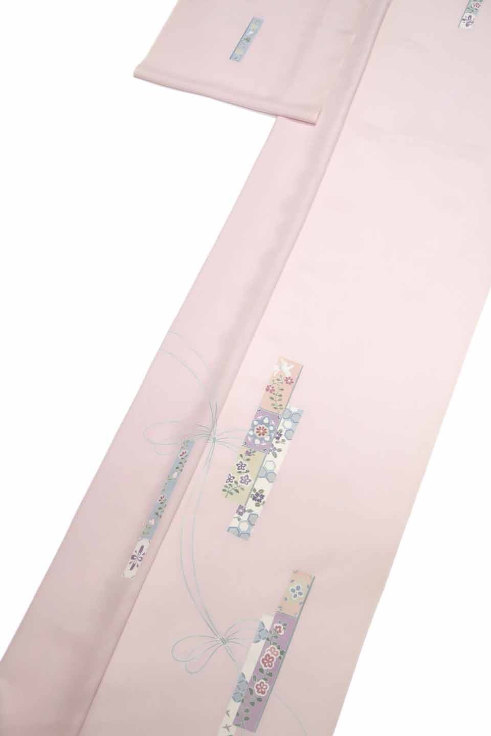 夏絽付下（手描き京友禅：薄桜：熨斗短冊文）