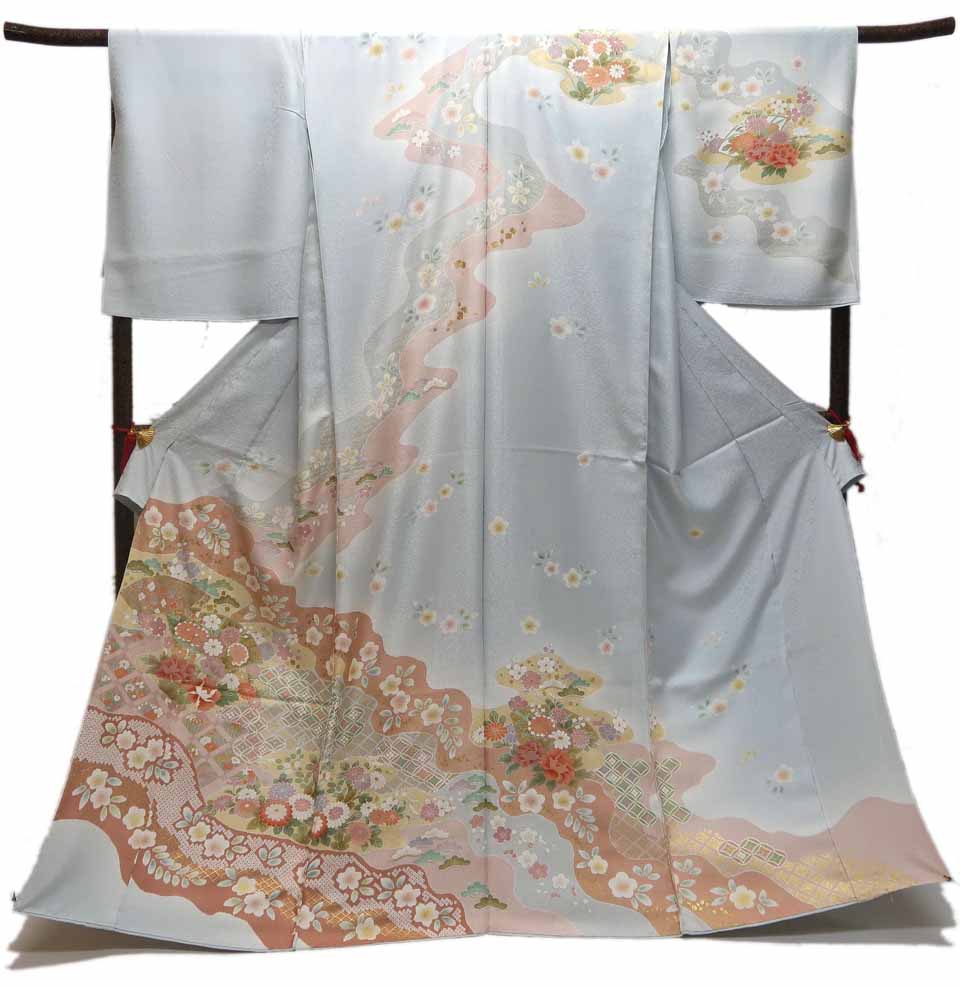 訪問着（京友禅：藍緑茶三色鼠：道長金彩四君子文）