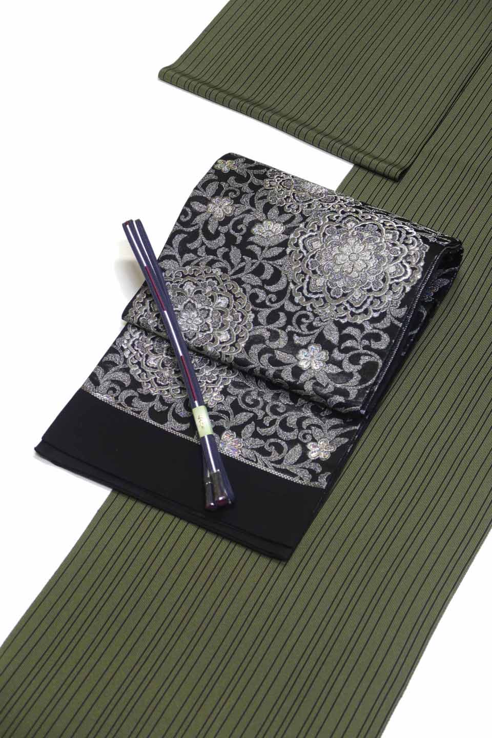 創作小紋（江戸小紋：深い焦げ茶に暗緑色：七五三縞）