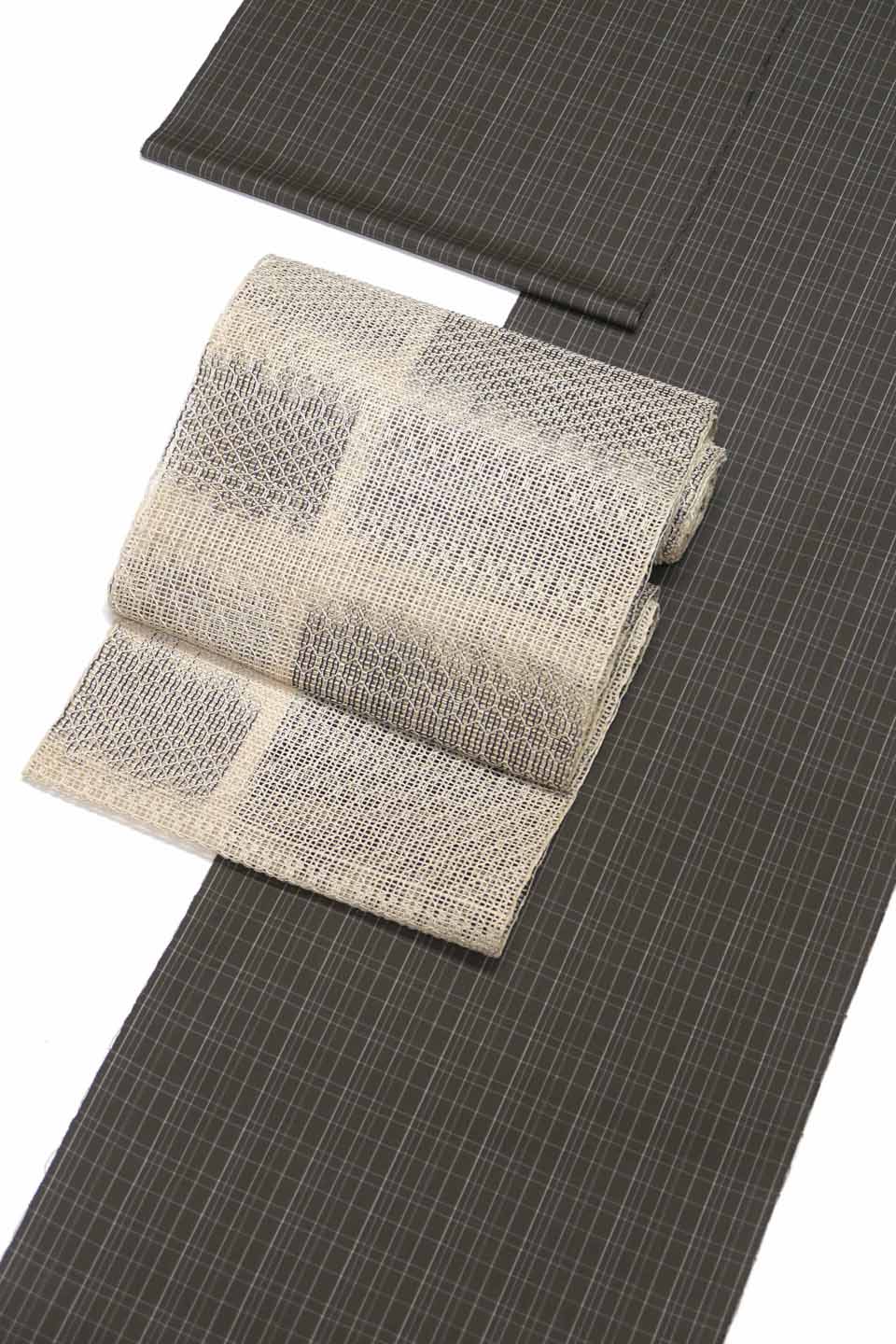 紬（西陣織（男女兼用）：深緑鼠：乱格子）