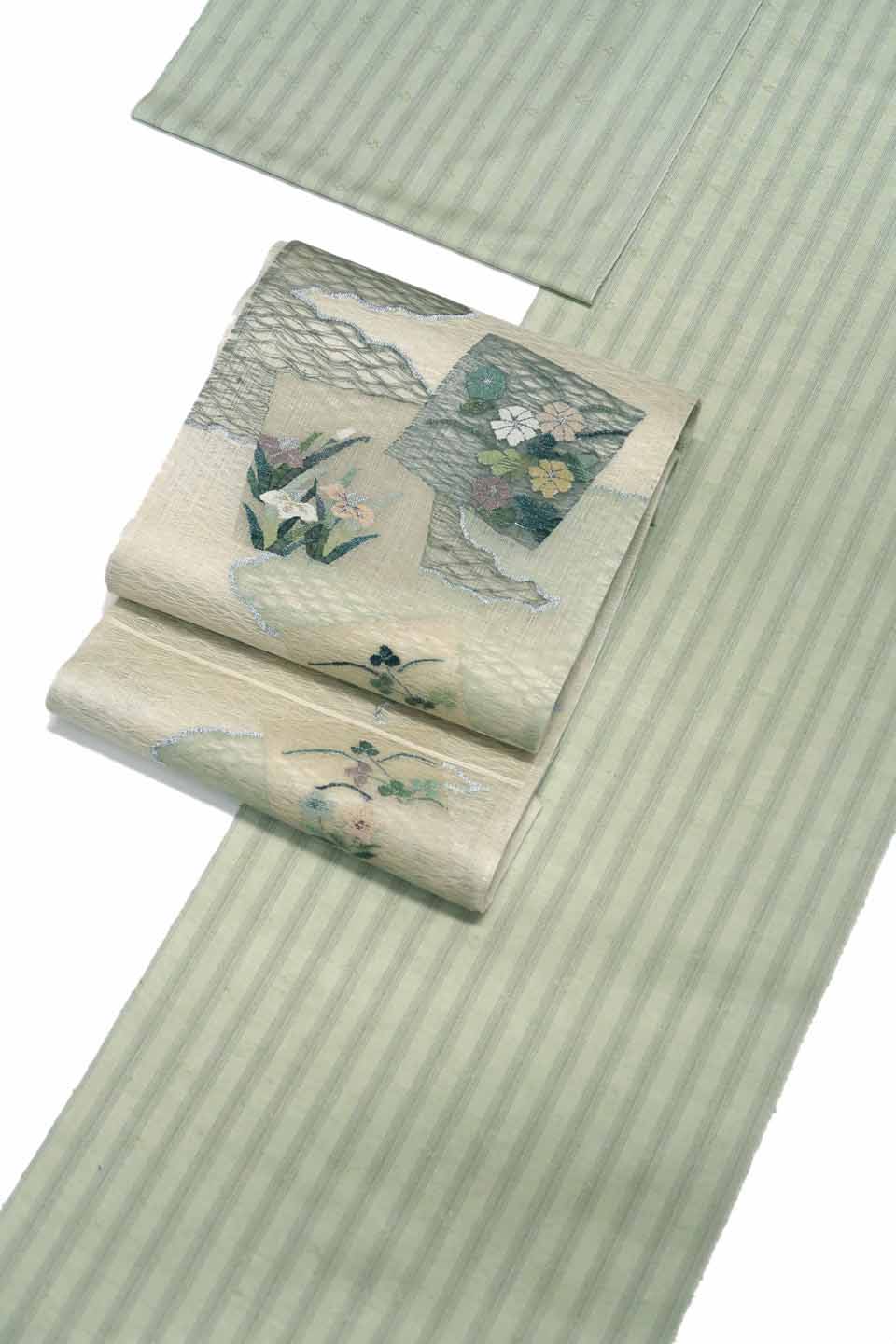 紬（米沢花織：淡黄緑：花織間道）