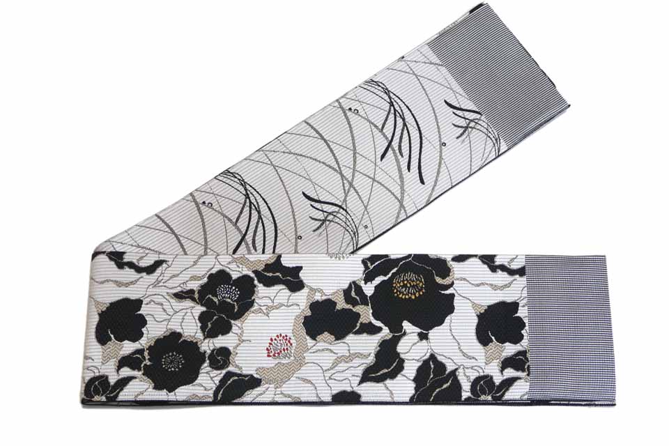 細帯（博多織（半幅帯両面織）：白鼠：薔薇詰露芝）