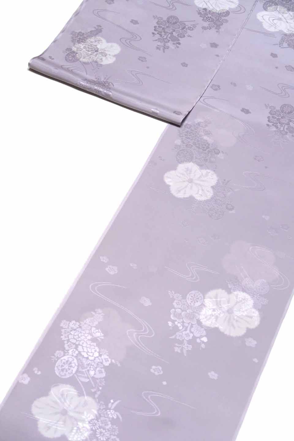 長襦袢（正絹Washable京友禅：淡紫鼠色：花車流水桜花紋）