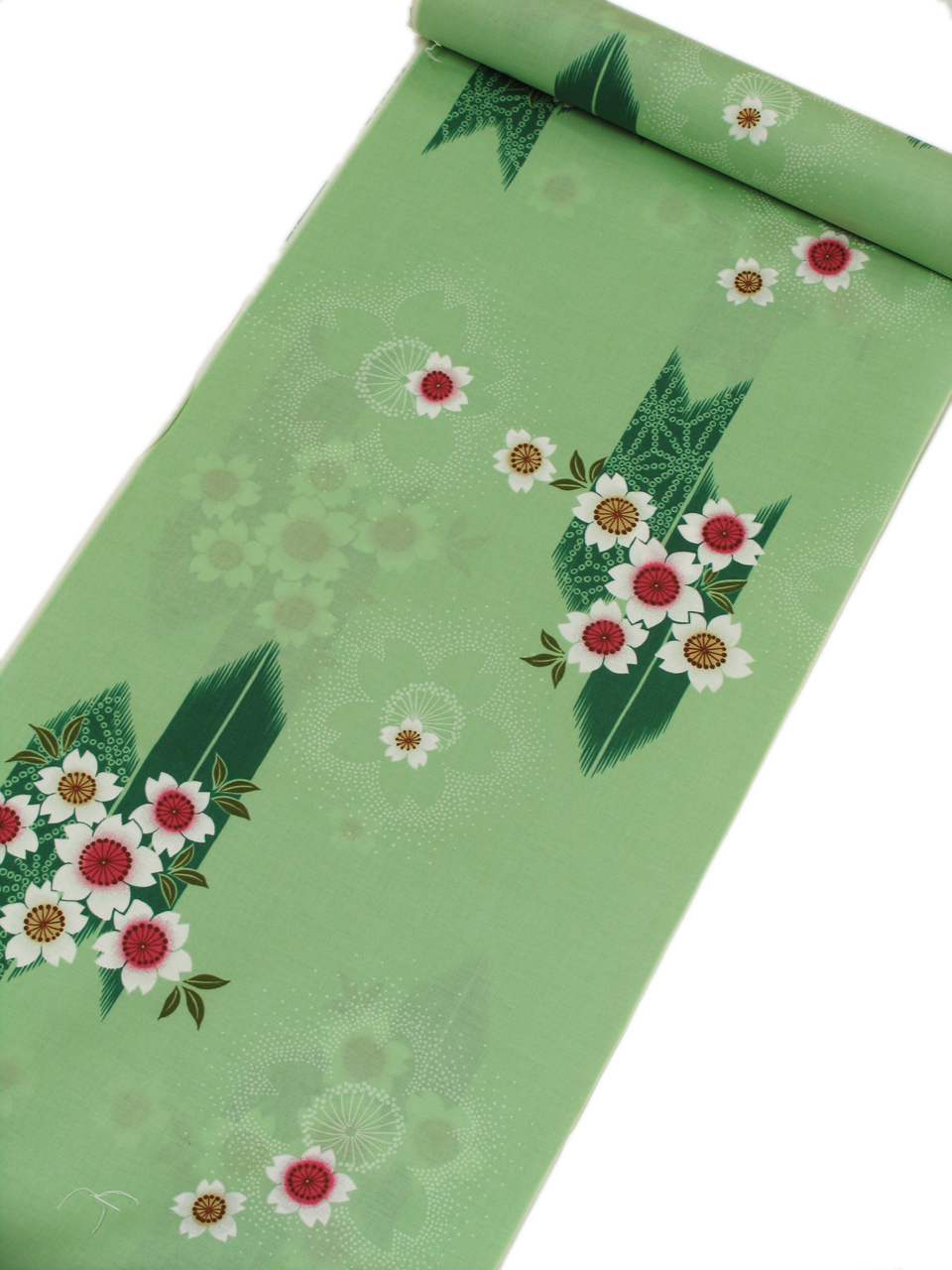 浴衣（染め浴衣：白緑（びゃくろく：緑青色）：矢絣。桜）