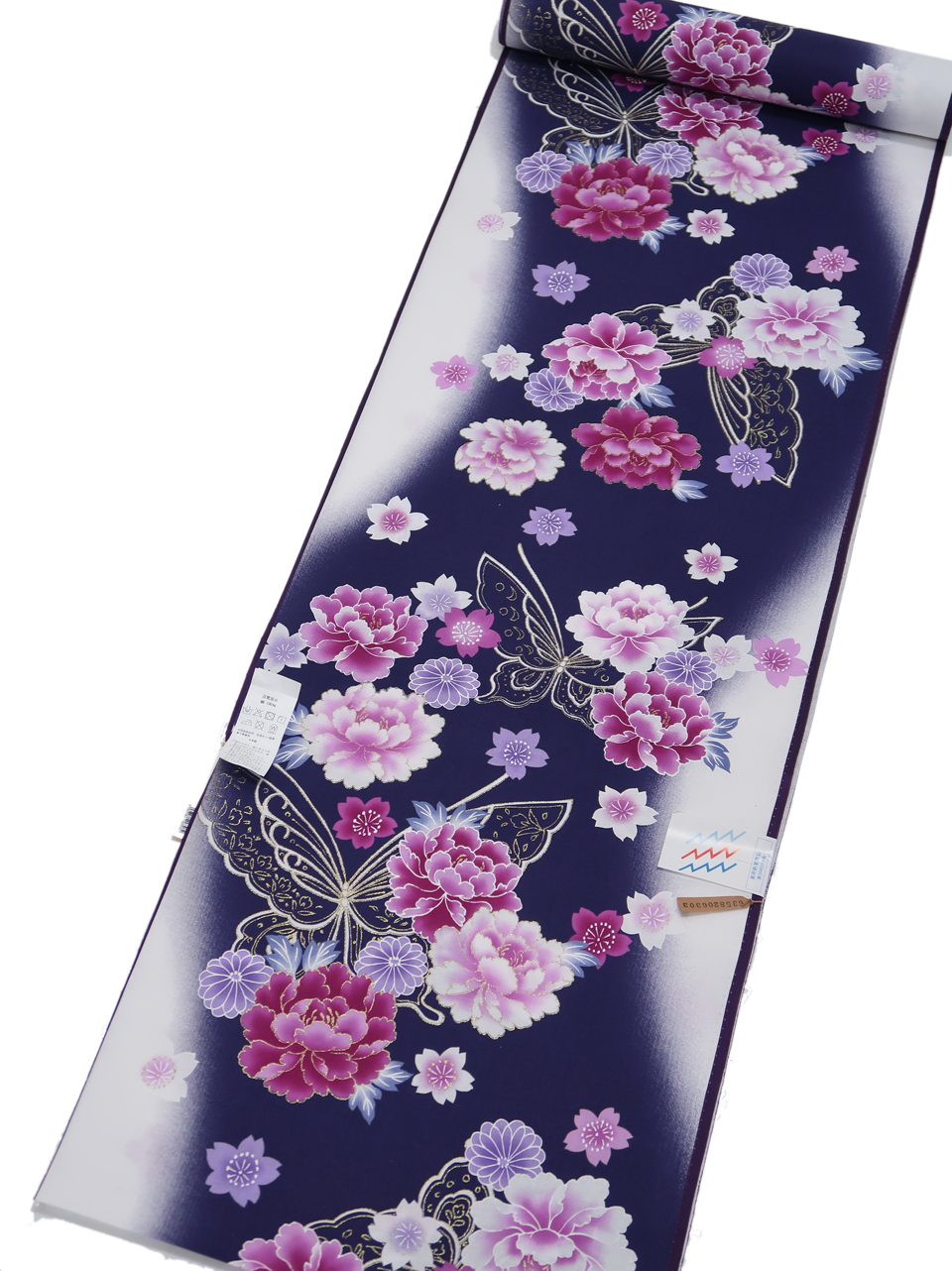 浴衣（友禅染め：白地に濃紺：石楠花、桜、菊、蝶）